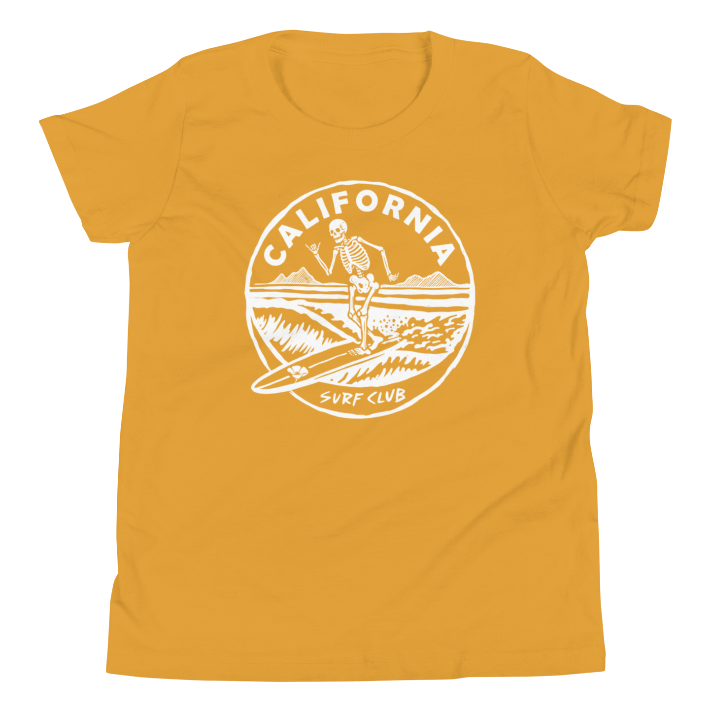 A mustard yellow short-sleeve t-shirt with a white circular graphic on the chest featuring a skeleton surfer and the text 'CALIFORNIA SURF CLUB'.
