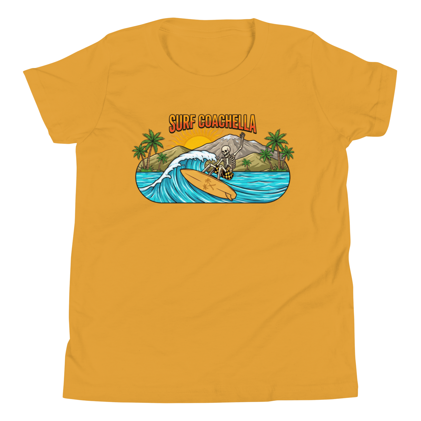 A mustard yellow short-sleeve t-shirt with a colorful graphic on the chest depicting a surfer on a wave with palm trees and the text 'SURF COACHELLA'.