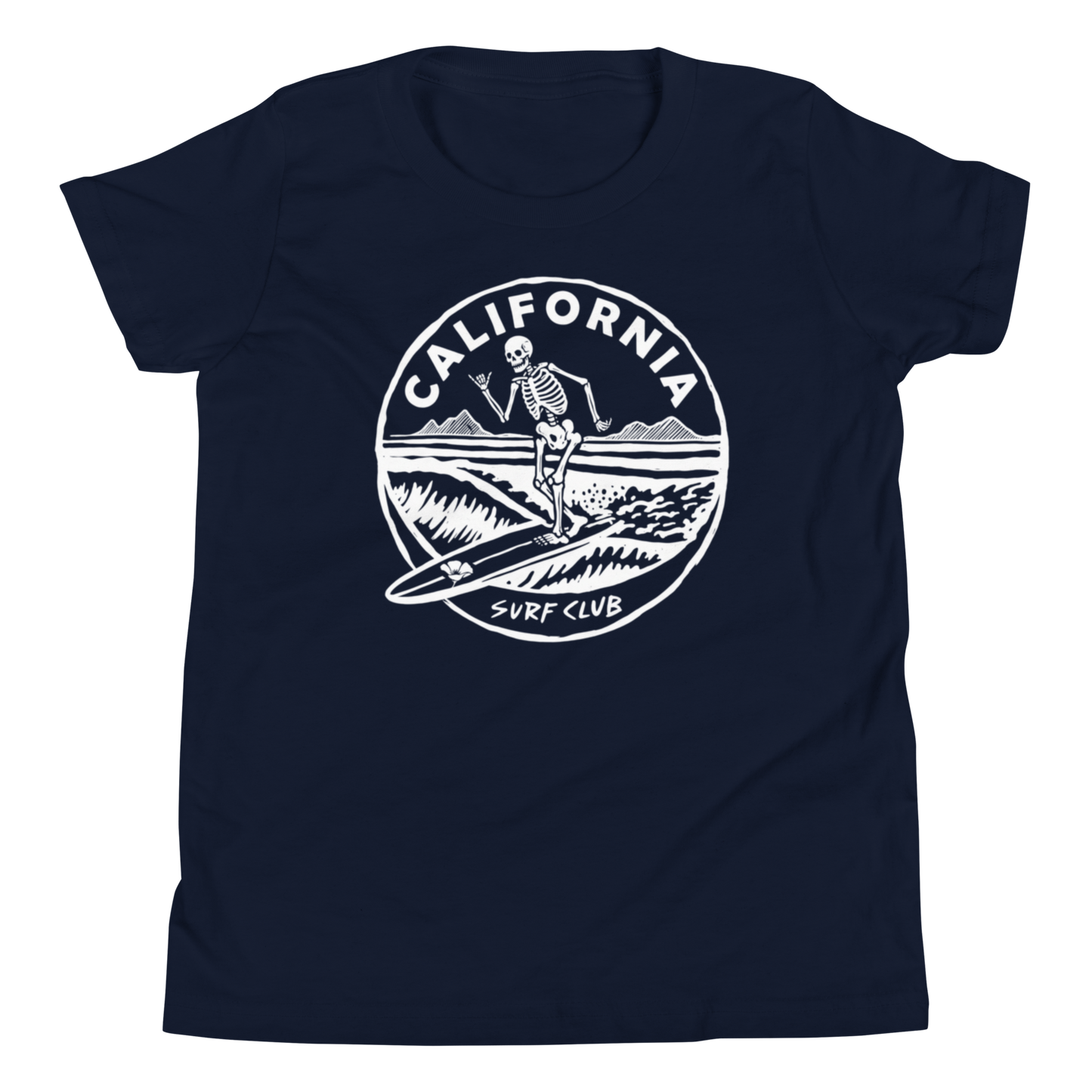 A navy blue short-sleeve t-shirt with a white circular graphic on the chest featuring a skeleton surfer and the text 'CALIFORNIA SURF CLUB'.