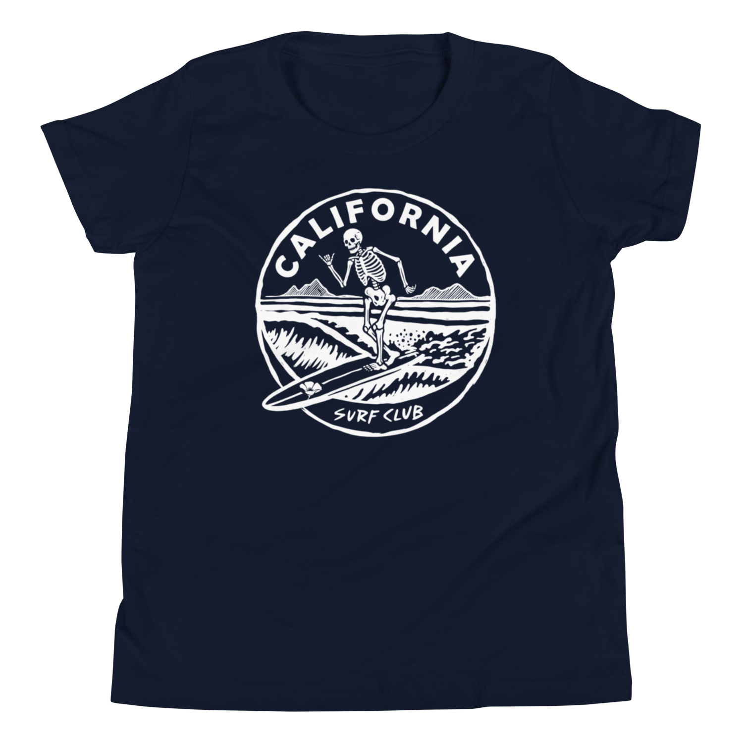 A navy blue short-sleeve t-shirt with a white circular graphic on the chest featuring a skeleton surfer and the text 'CALIFORNIA SURF CLUB'.
