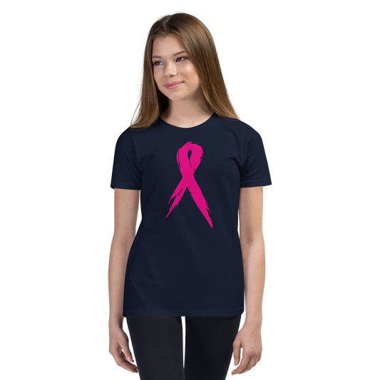 A navy blue youth short sleeve tee shirt with a pink breast cancer awareness ribbon graphic in the center.