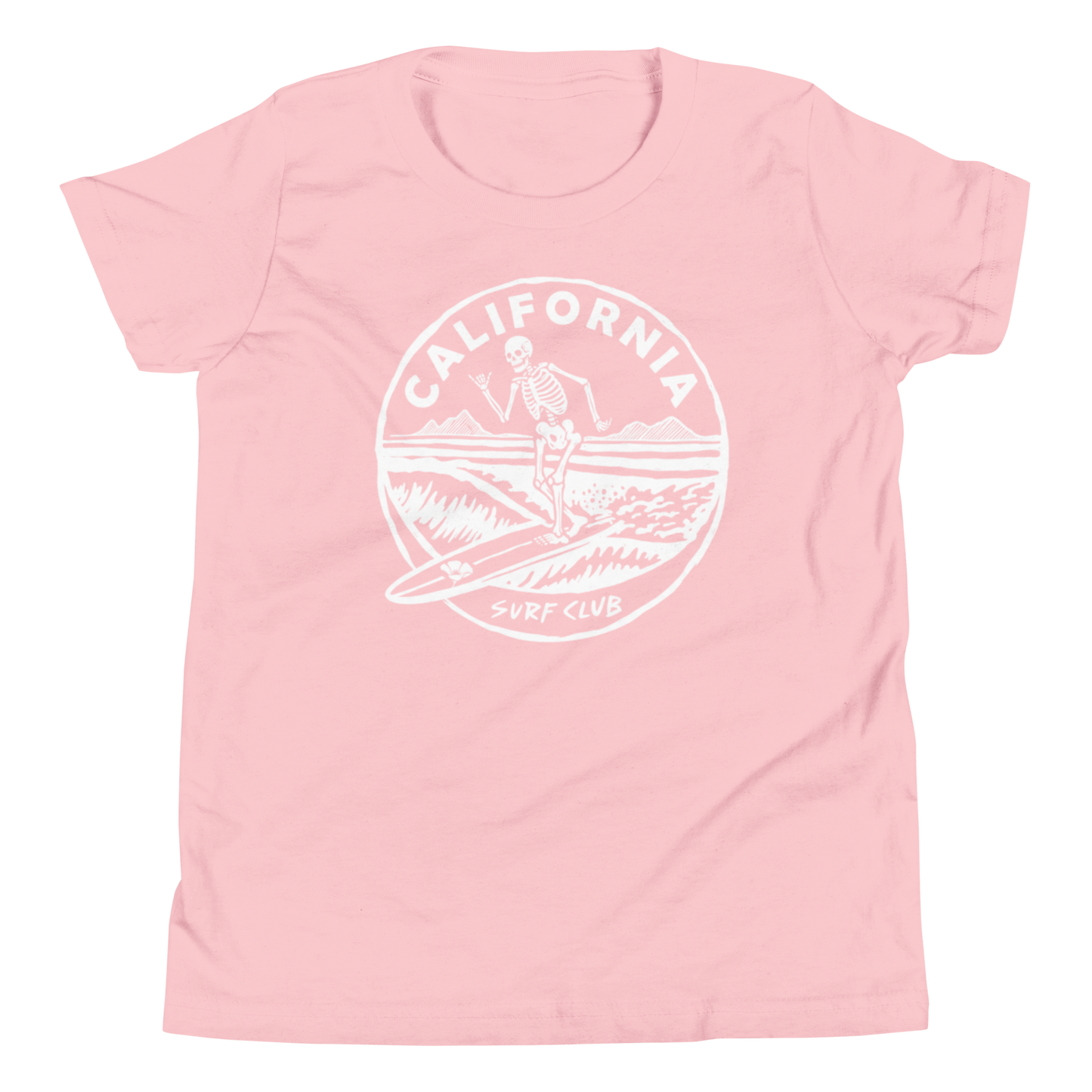 A light pink short-sleeve crewneck t-shirt featuring a white circular graphic on the chest with a skeleton surfer and the text 'CALIFORNIA SURF CLUB'.