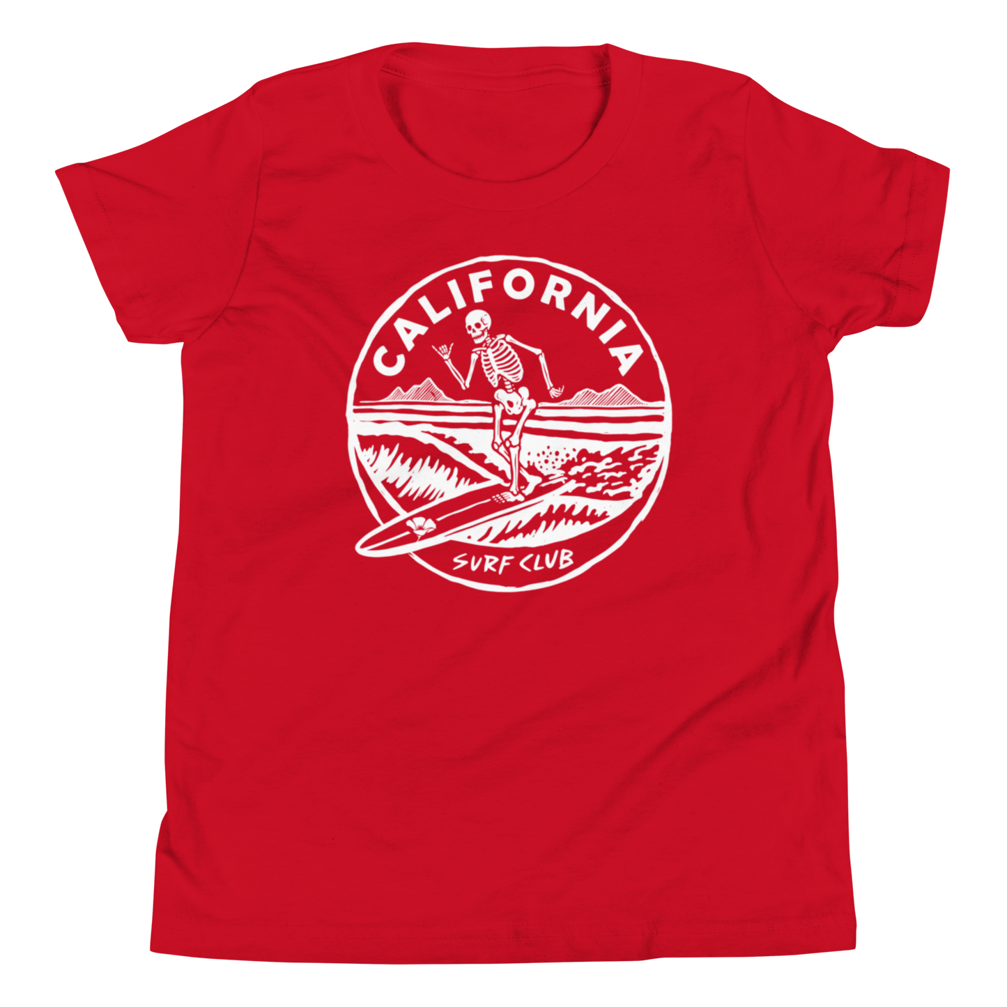 A red short-sleeve crewneck t-shirt featuring a white circular graphic print on the chest with a skeleton surfer and the text 'CALIFORNIA SURF CLUB'.