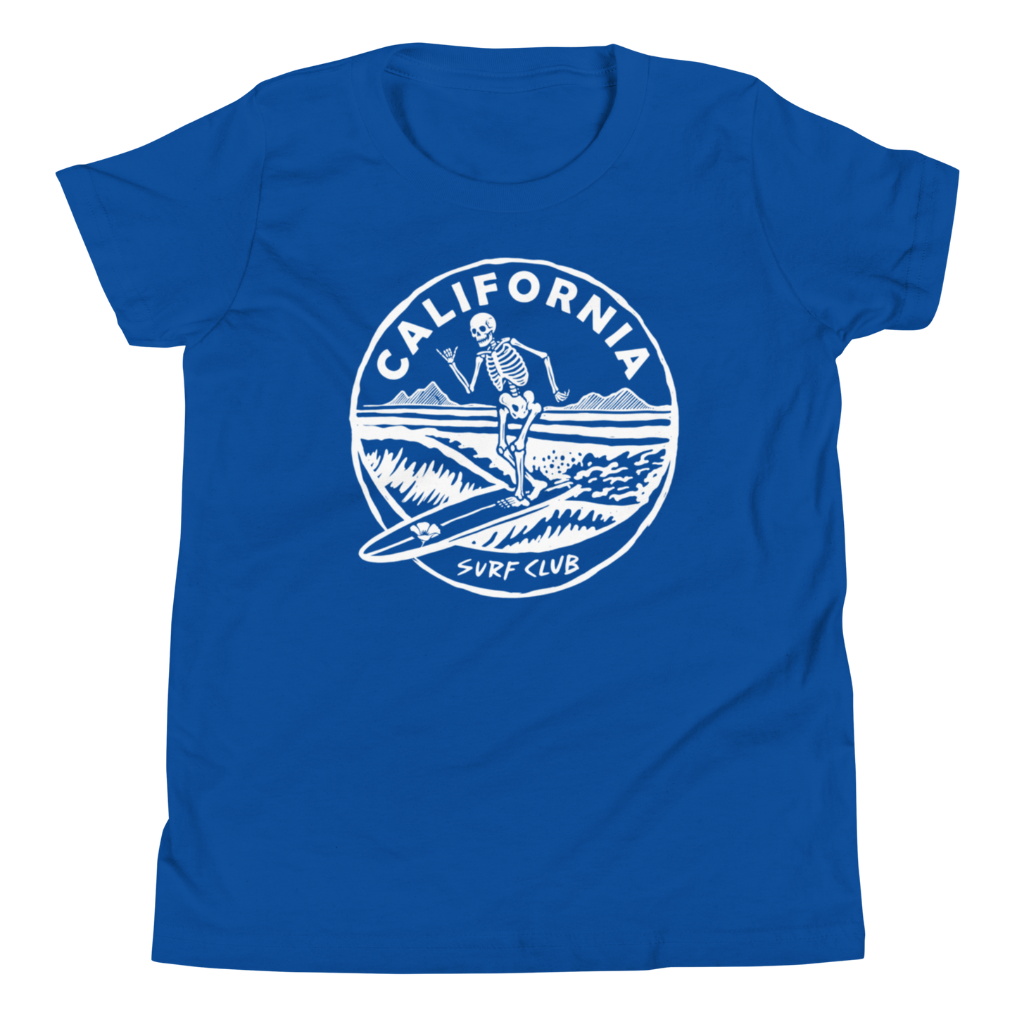 A royal blue short-sleeve crewneck t-shirt featuring a white circular graphic on the chest with a skeleton surfing, mountains, and the text 'CALIFORNIA SURF CLUB'.